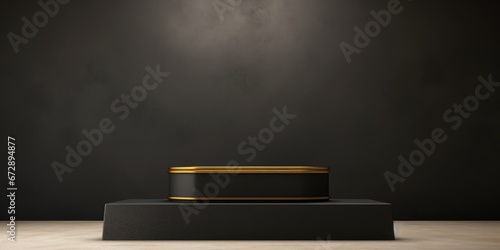 Minimalistic Black Friday sale 3d Podium. Realistic luxury pedestal on blackish background with Copy space. Banner with empty gold step for salable products, presentations, stores. © Zhizhi