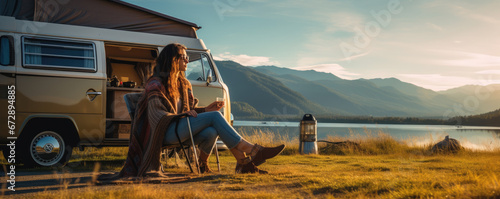 Happy woman drinking coffee in nature near her caravan. Woman at adveture. Panoramatic view at sunset from campervan. photo