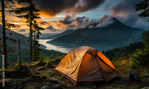 A Solitary Camping Experience With Majestic Mountain Peaks and Serene Waters