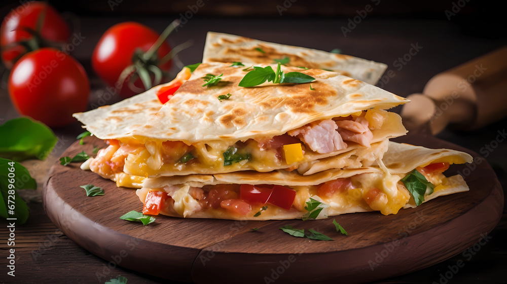 Mexican tortilla quesadilla with scramble eggs, vegetables, ham and cheese  - obrazy, fototapety, plakaty 