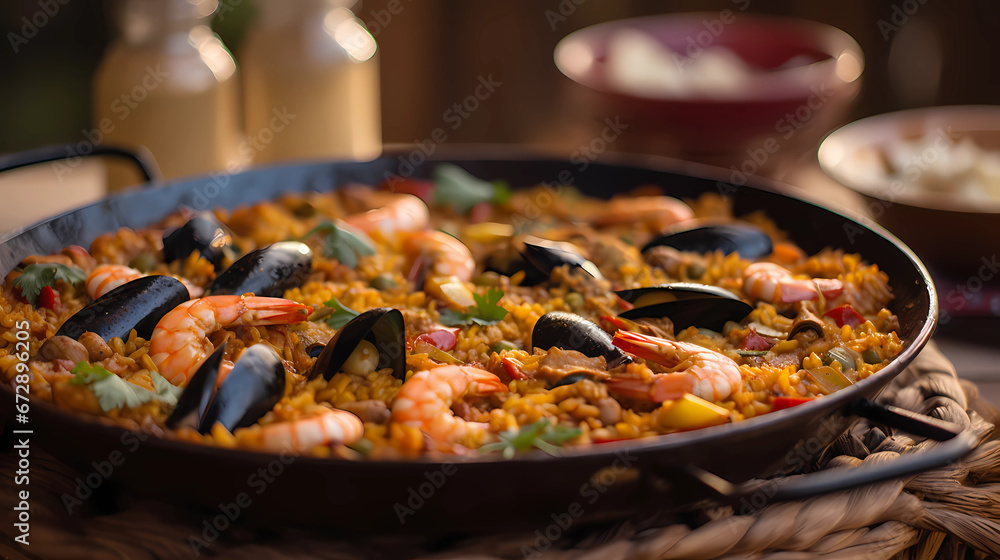 Traditional Seafood Paella With Shrimp Served In Paellera Traditional Seafood Paella With Shrimp Served In Paellera