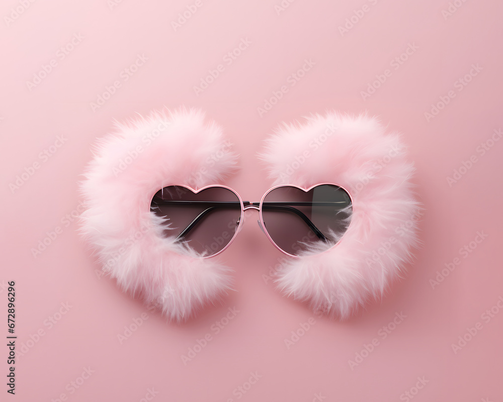 Obraz premium Heart shaped sunglasses, fluffy pink fur frame, creative love holiday layout.