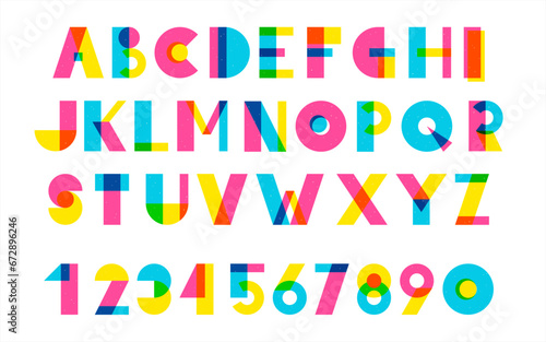 Alphabet, numbers illustration. Trendy brutalist geometric font style. Riso, risograph print effect. Big colorful layered letters, characters set, collection. Banners, posters bright modern template 