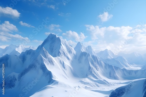 Majestic snow-capped mountains against a clear blue sky. 