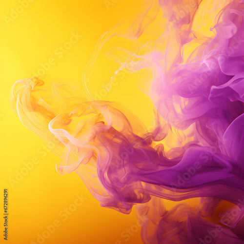 Strands of dense pink purple smoke against a bright yellow background, the color of summer, exotic vacation.
