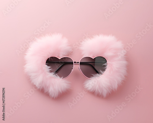 Heart shaped sunglasses, fluffy pink fur frame, creative love holiday layout.