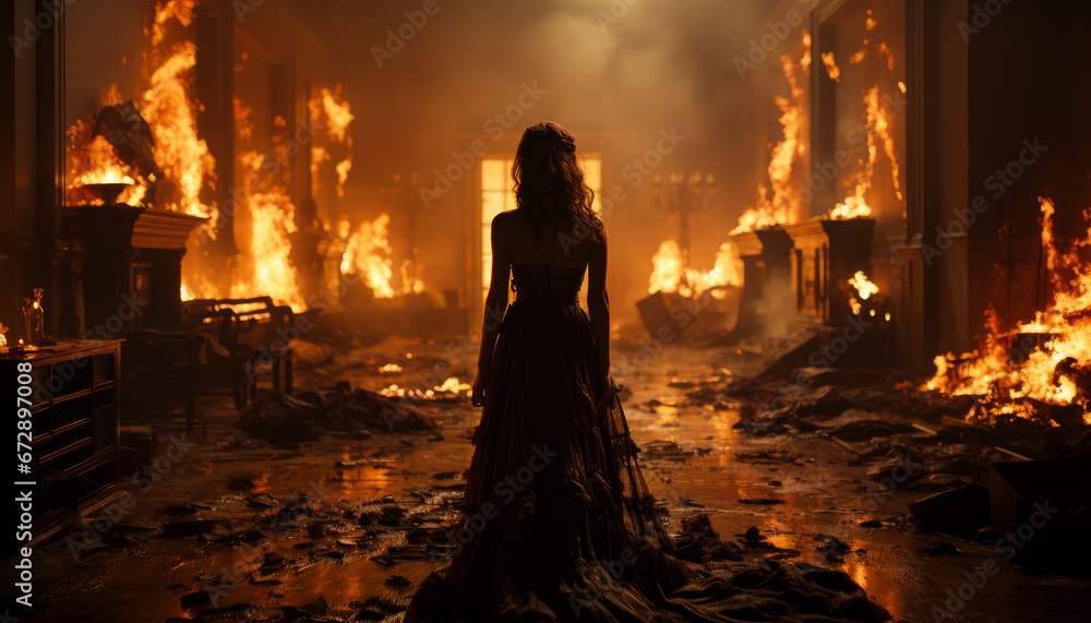 A Woman's Fiery Elegance Illuminates the Night as She Stands Tall in a Long Dress