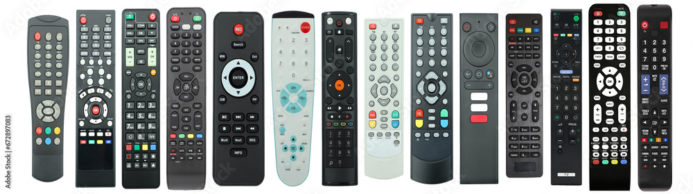 Tv remote controller set, remote devices collection, isolated white background, PNG isolated Tv remote controller set, remote devices collection, isolated white background, PNG isolated