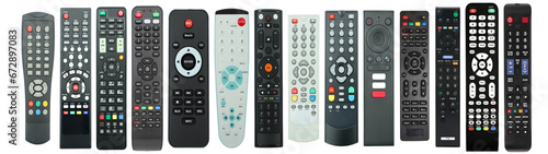 Tv remote controller set, remote devices collection, isolated white background, PNG isolated photo