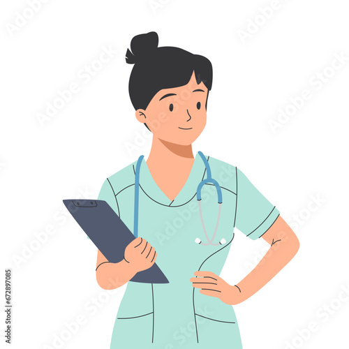 Smiling woman doctor holding clipboard, wearing uniform and stethoscope. Healthcare and medicine concept.