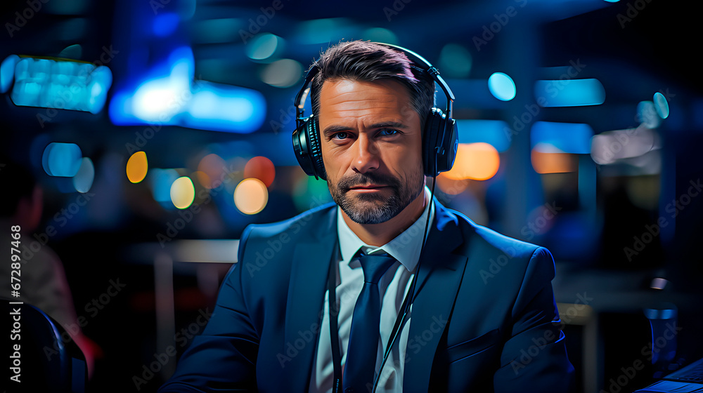 Businessman or presented with headphones and laptop Businessman or presented with headphones and laptop
