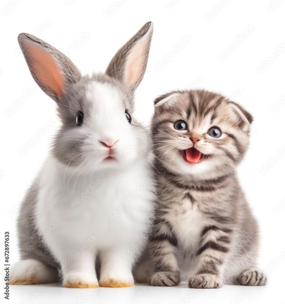 White bunny and tabby kitten close together as best friend, isolated on white background
