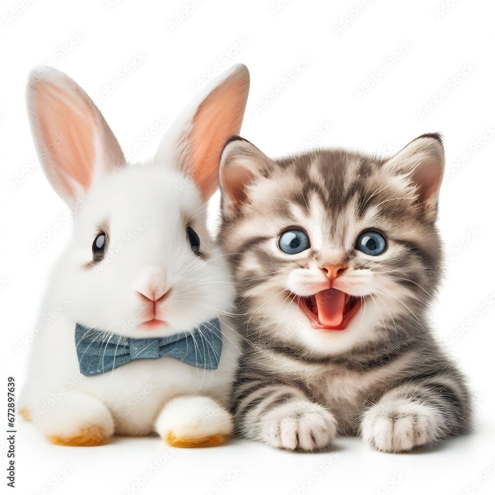 White bunny with bow tiie and smiling tabby kitten close together as best friend, isolated on white background