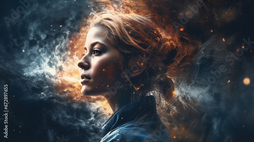 Portrait of a beautiful young woman with flying hair and smoke in the background generativa IA