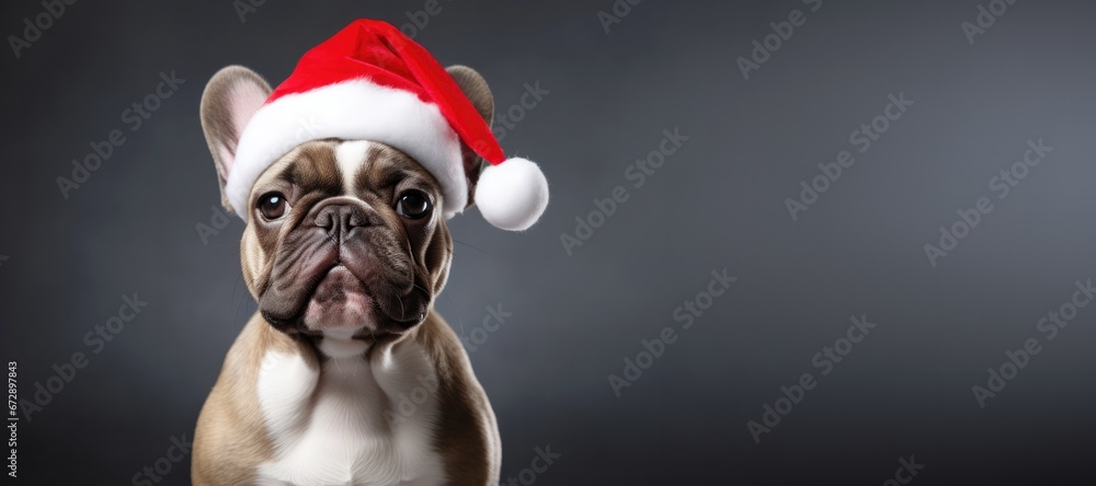 Cute Christmas French Bulldog Wearing a Red Santa Hat  on a Grey Background with Space for Copy