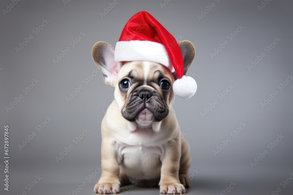 Cute Christmas French Bulldog Wearing a Red Santa Hat  on a Grey Background with Space for Copy