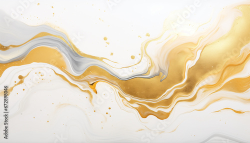 Marble ink painting texture on a luxury background banner - White waves, swirls, gold painted splashes, 3d lines. AI generated.