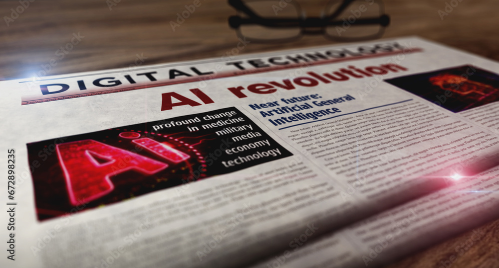 Obraz premium AI revolution and artificial intelligence technology newspaper on table