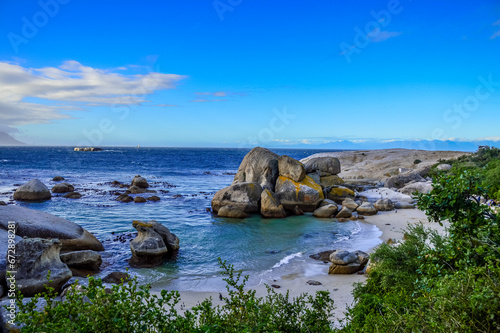 Rocky boulder's beach is a turqoise and sheltered beach and a famous tourist destination in cape town
