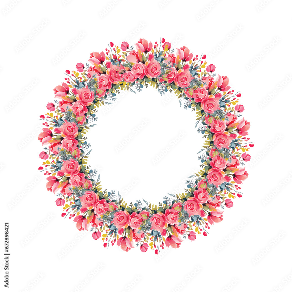 Watercolor vintage floral wreath with pink flowers. Isolated vector