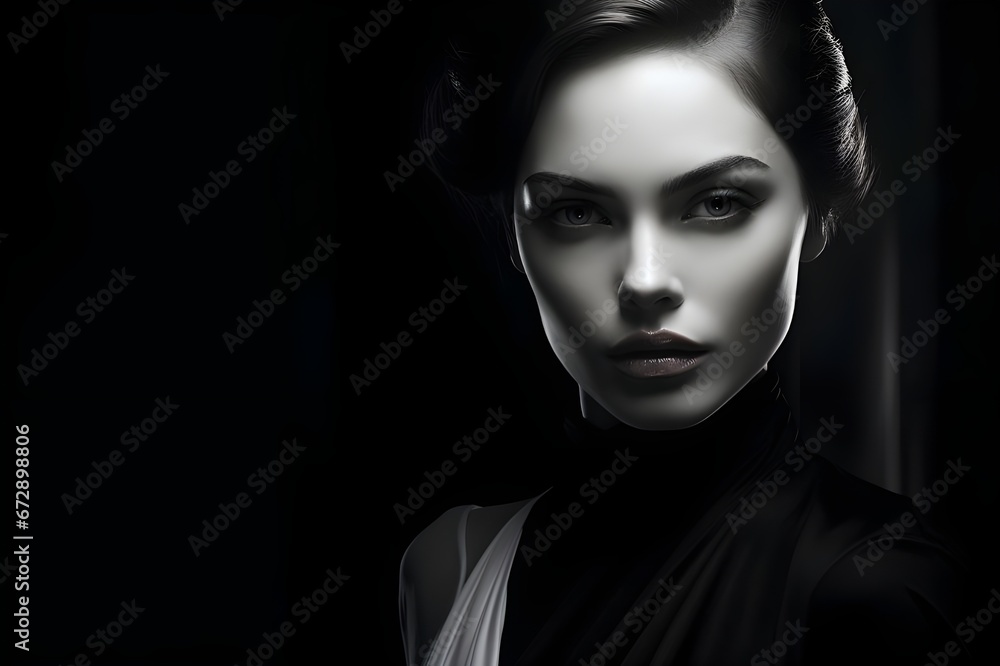An elegant black and white portrait of a mysterious beauty.
