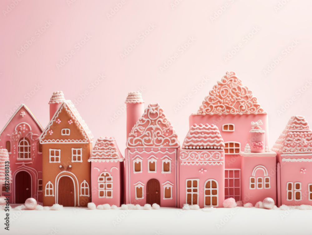 Christmas village of gingerbread houses in pink tones. Celebrating Christmas. New Year's celebration. 