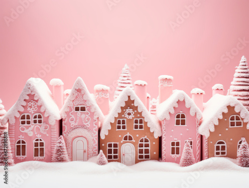 Christmas village of gingerbread houses in pink tones. Celebrating Christmas. New Year's celebration. 