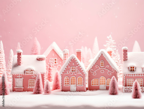 Christmas village of gingerbread houses in pink tones. Celebrating Christmas. New Year's celebration. 