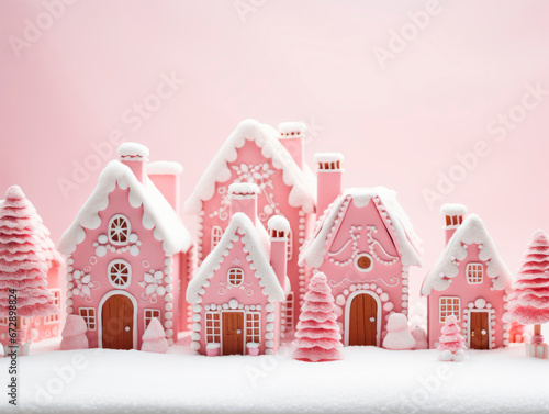 Christmas village of gingerbread houses in pink tones. Celebrating Christmas. New Year's celebration.