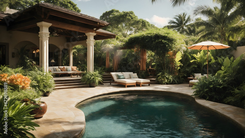 A backyard oasis with a swimming pool, waterfall feature, and lush landscaping for a tropical escape.