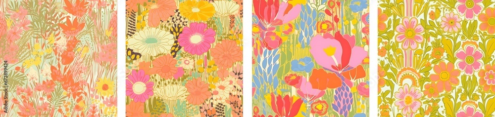 A set for printing seamless patterns depicting flowers in retro style and soft colors. Pastel colors, abstraction. Design for print, poster, banner, textile. A set for printing seamless patterns depicting flowers in retro style and soft colors. Pastel colors, abstraction. Design for print, poster, banner, textile.