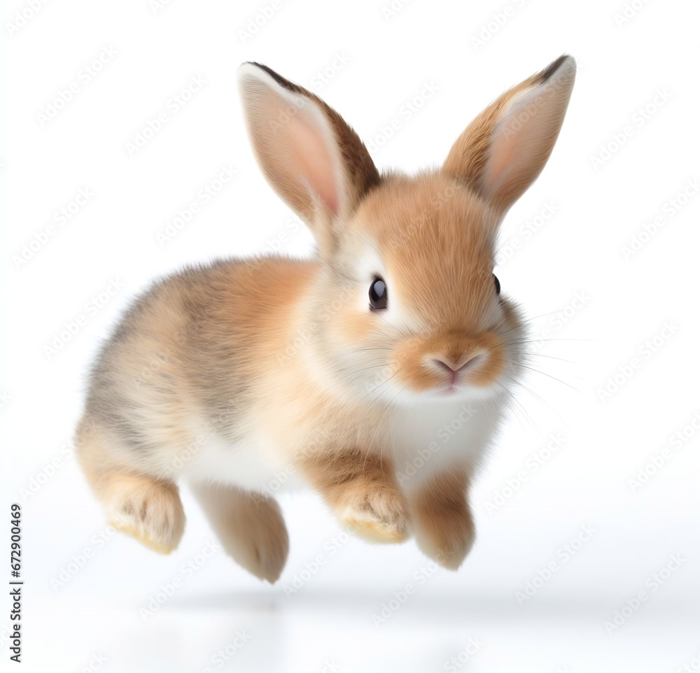 Portrait of a bunny jumping or running, isolated on white background