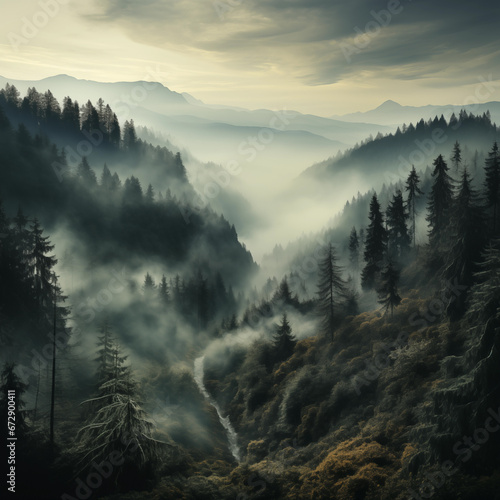 Fog in Forest - Drone View (Generative AI)