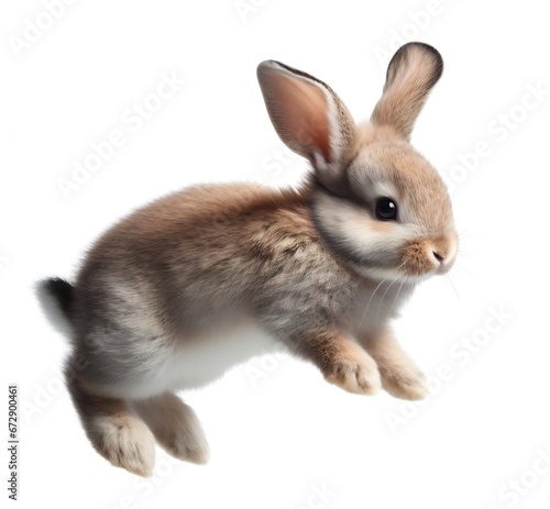 Portrait of a bunny jumping or running, isolated on white background