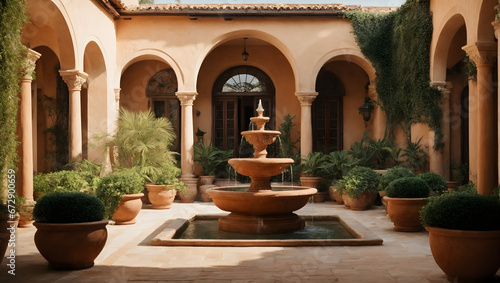 A Mediterranean villa courtyard with a central fountain  terracotta pots  and lush greenery.