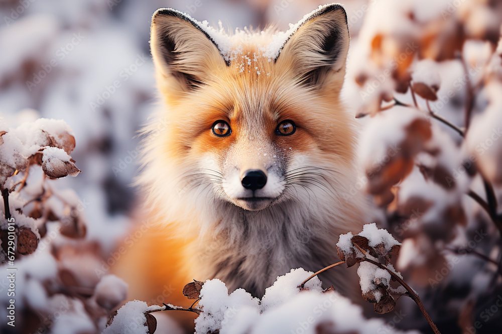 Obraz premium Cute red fox in wild frosted natural environment. Nature concept. Generative AI