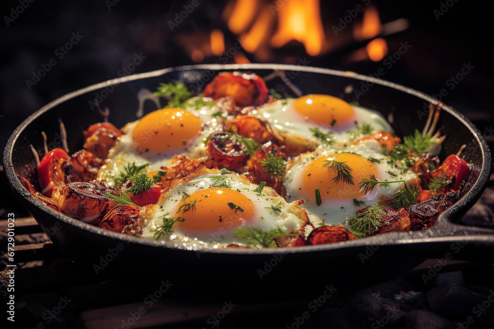 Skillet breakfast with eggs and bacon in free camping. Food concept. Generative AI Skillet breakfast with eggs and bacon in free camping. Food concept. Generative AI