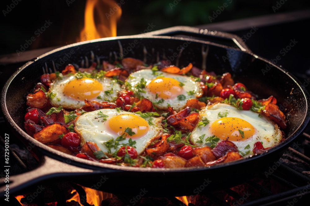 Skillet breakfast with eggs and bacon in free camping. Food concept. Generative AI Skillet breakfast with eggs and bacon in free camping. Food concept. Generative AI