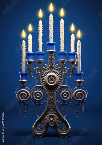 Jewish religious holiday Hanukkah with holiday Hanukkah (traditional candelabra), on blue background © Olga Mukashev