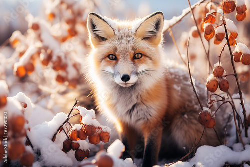 Cute red fox in wild frosted natural environment. Nature concept. Generative AI