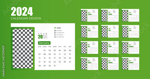 Desk Calendar planner 2024 vector schedule month calendar design. green new year 2024 calendar  photo