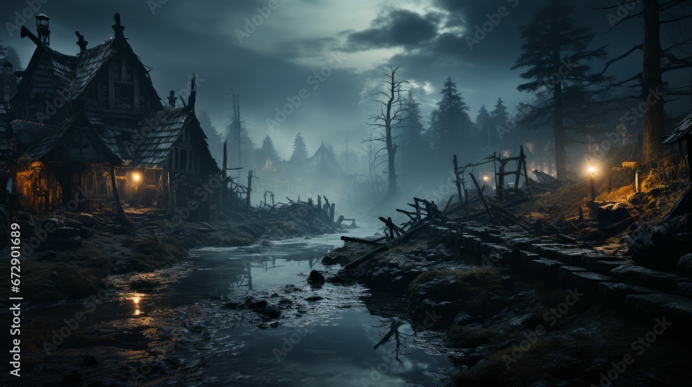 AI generated illustration of a haunted house in a dark forest under the ...