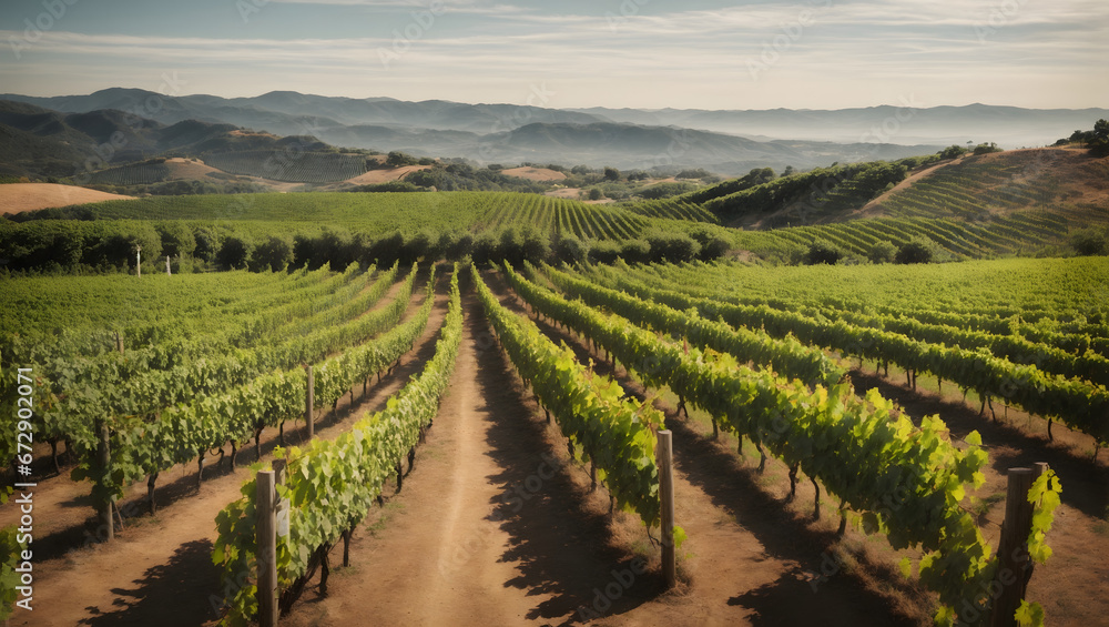 A vineyard terrace with rows of grapevines, a tasting area, and scenic views of the vineyard.