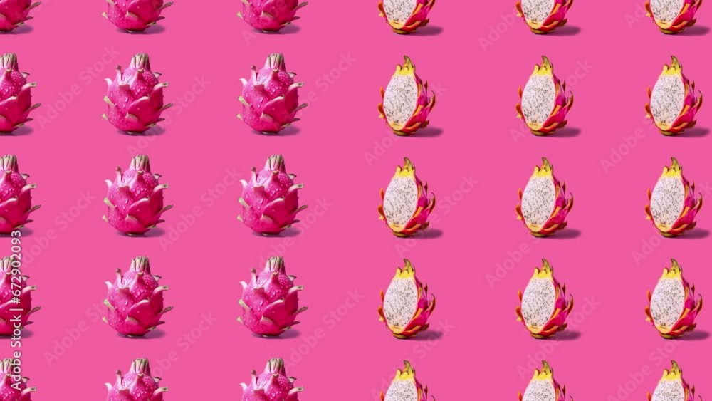 Stop motion Cut and whole Dragon fruit appear and disappear on pastel background. High quality video 4K. Detailed stop motion video. Background or wallpaper in food and drinks videos. Stop motion Cut and whole Dragon fruit appear and disappear on pastel background. High quality video 4K. Detailed stop motion video. Background or wallpaper in food and drinks videos.