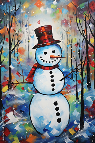 Snowman Abstract Oil Painting Wall Art Printable