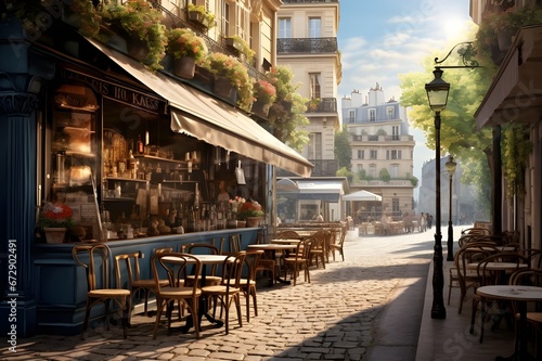 A charming café scene on a sunlit Parisian street.  © Tachfine Art