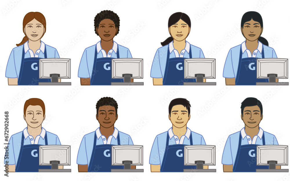 diversity, race, ethnicity of cashier, clerk, vector icons, male and female, wearing apron with cash register, isolated on a white background diversity, race, ethnicity of cashier, clerk, vector icons, male and female, wearing apron with cash register, isolated on a white background