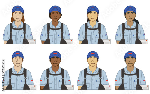 diversity, race, ethnicity of postal worker and mail carrier vector icons, male and female, carrying mail, isolated on a white background