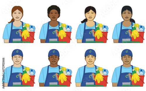 diversity  race  ethnicity of cleaner  janitor  housekeeper vector icons  male and female  with bucket and cleaning supplies  isolated on a white background