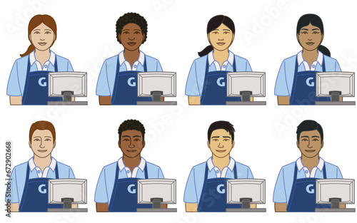 diversity, race, ethnicity of cashier, clerk, vector icons, male and female, wearing apron with cash register, isolated on a white background